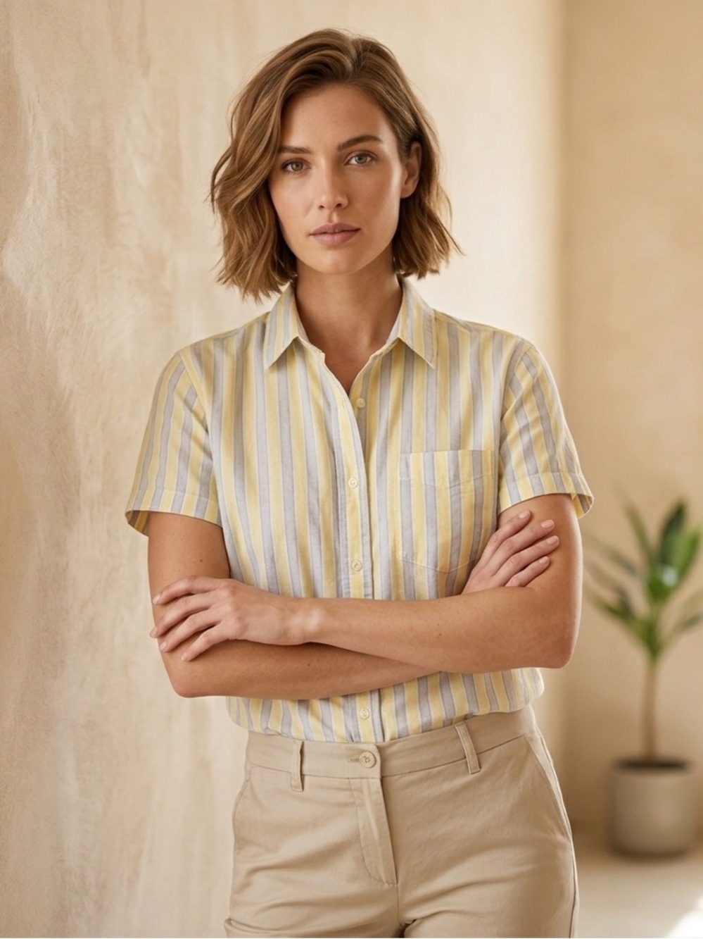 Gap Striped Linen Blend Short Sleeve Collar Button Up Blouse Relaxed Fit Medium